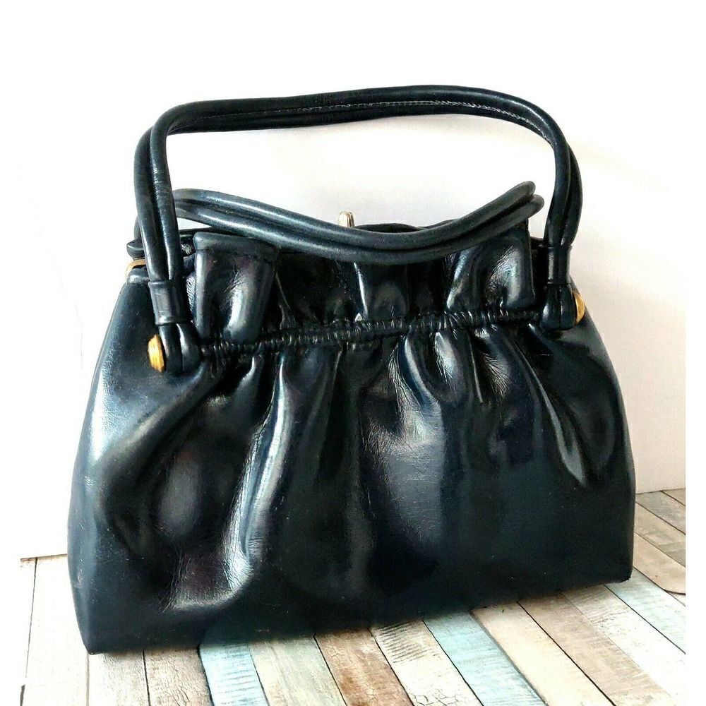 ROOMY VINTAGE NAVY BLUE SOFT VINYL FRAMED POCKETBOOK BAG HANDBAG PURSE - Picture 4 of 12